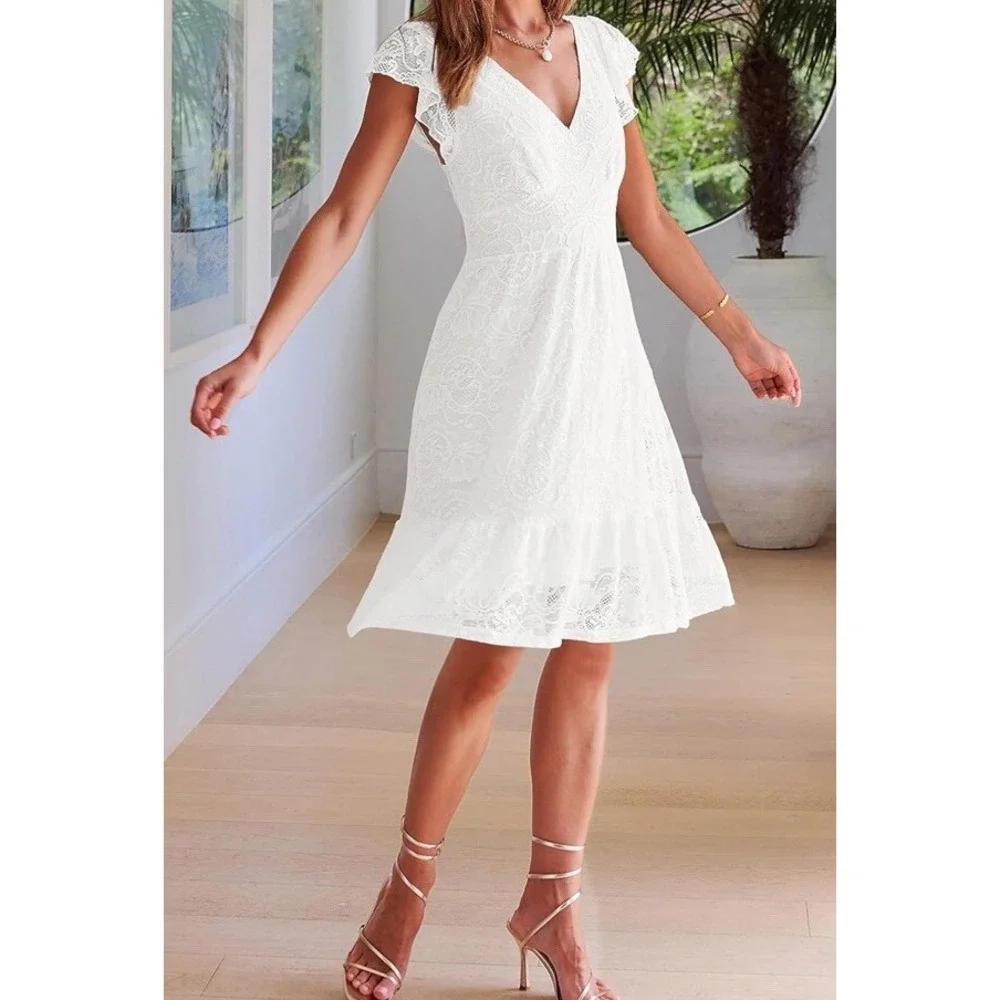 MEROKEETY Women's Floral Lace Short Sleeve Dress White color Tie Back size Med